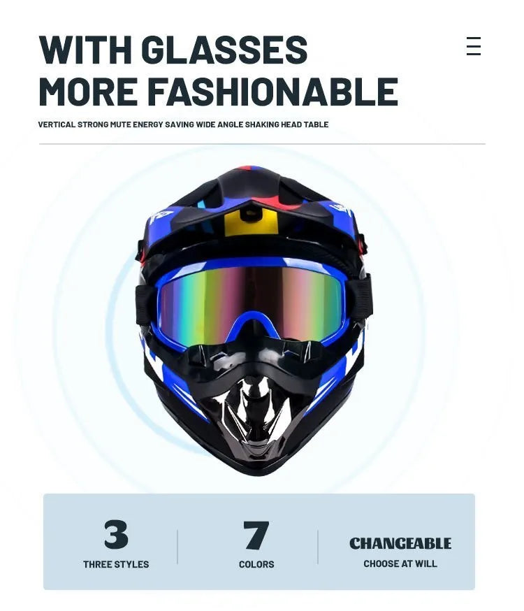 Un casque de moto tout-terrain à visage complet, finition noir et bleu brillant, sur fond blanc.