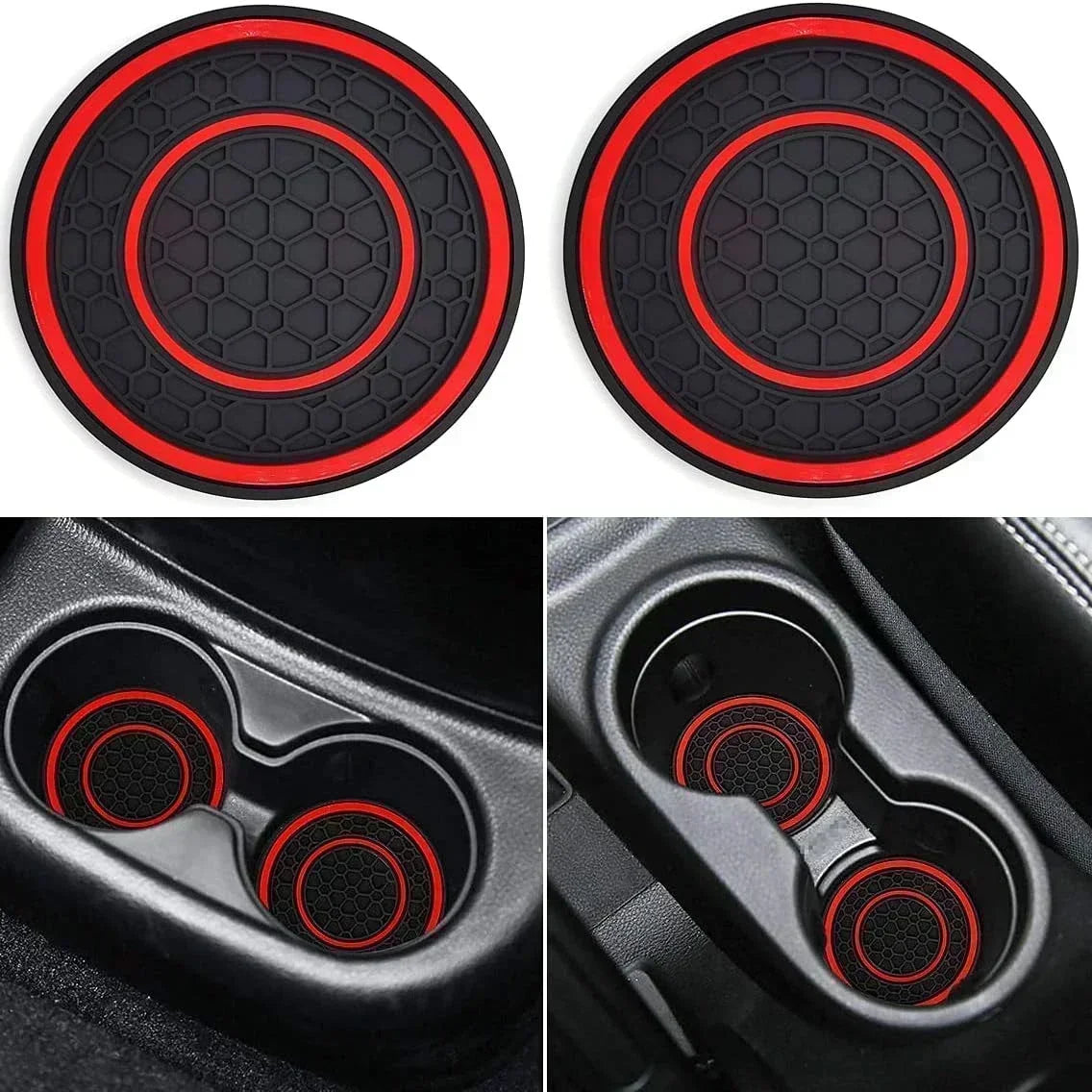 Two black silicone car cup holder coasters with red accents shown in close-up and full view.