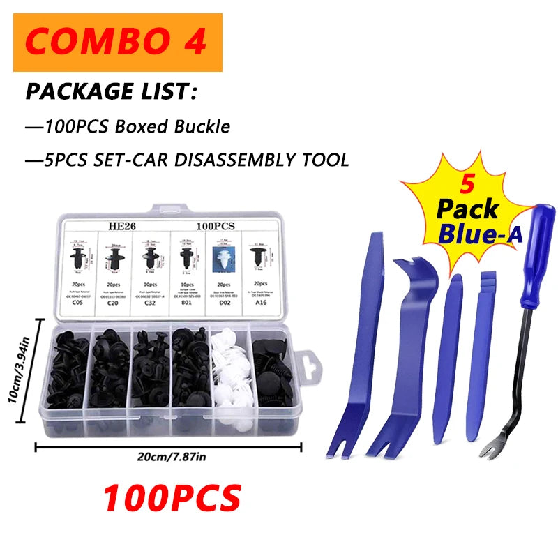 Combo 4 package list showing a set of 100 pieces of boxed buckle and 5 pieces of car disassembly tools