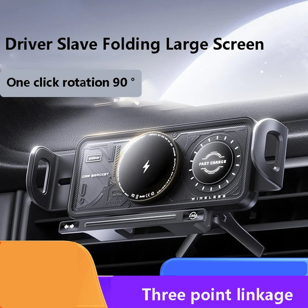 A driver slave folding large screen magnetic rotating phone holder for car charging with three point linkage.