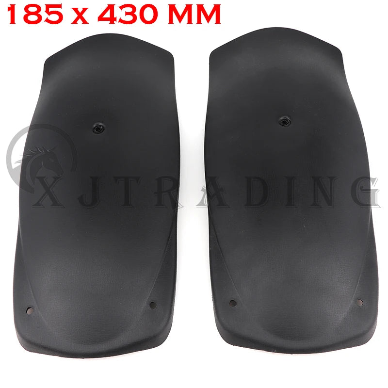 A pair of black durable plastic fenders for a go-kart or ATV, measuring 185 x 430 mm.
