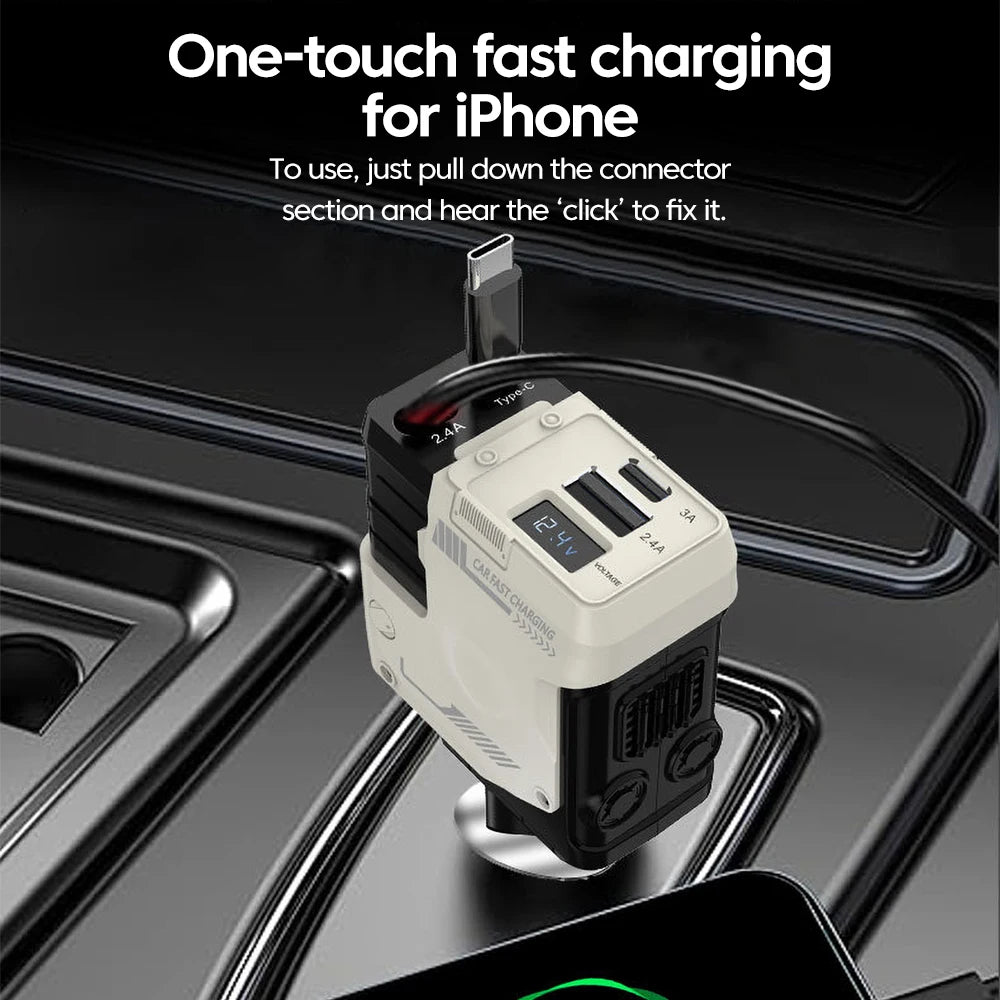 A white car charger device is shown with a connector, positioned above a smartphone.