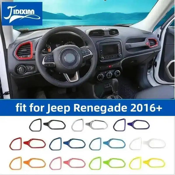 A set of black air vent covers for a Jeep Renegade dashboard, showing various styles and colors.