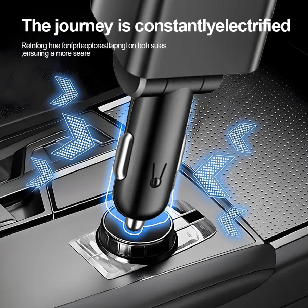 Close-up of a black car charger with a digital voltmeter tip touching a surface, showing electrified journey concept.