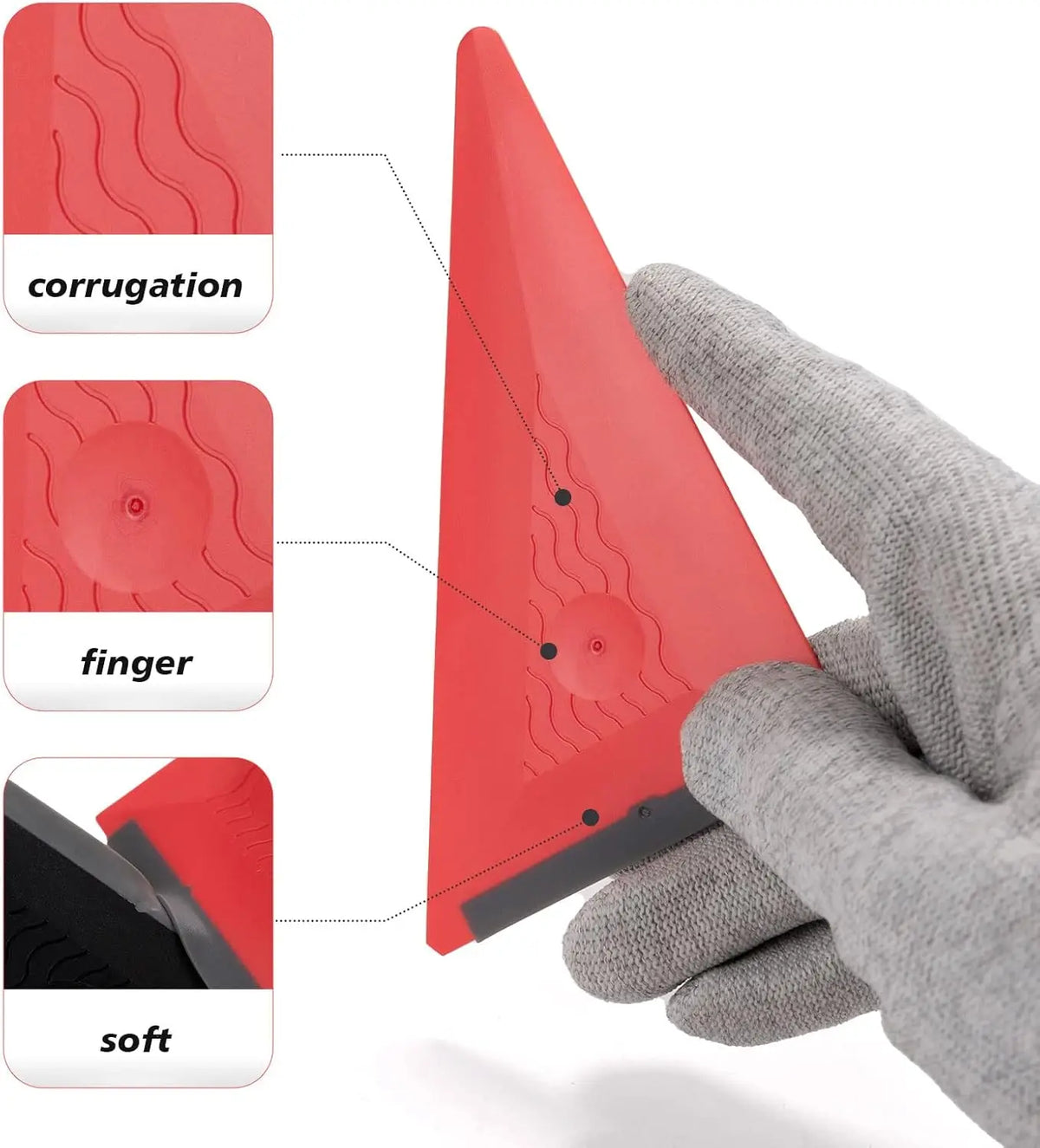 A red multi-edge triangle squeegee tool is shown being held by a hand, with diagrams illustrating its corrugation, finger, an