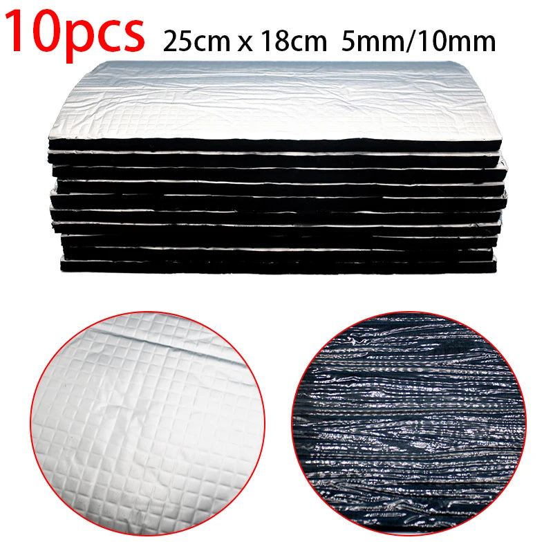 Stack of 10 sound deadening mats, white and black, showing the texture and thickness.