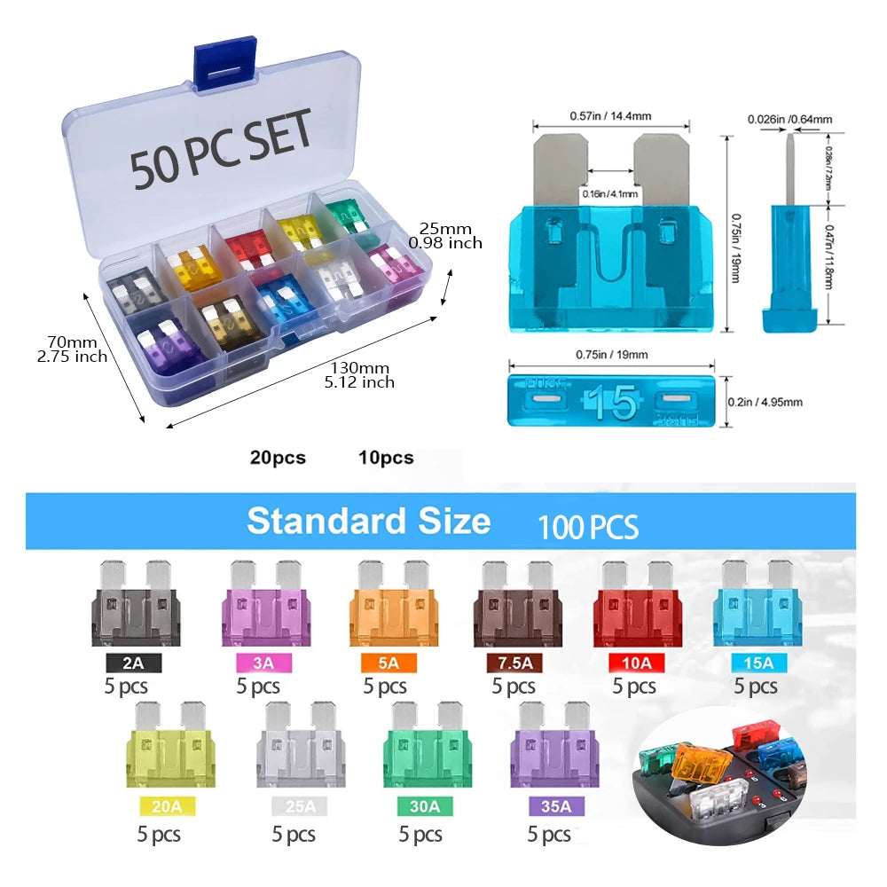A collection of automotive blade fuses in various sizes and colors, packaged in a plastic set.