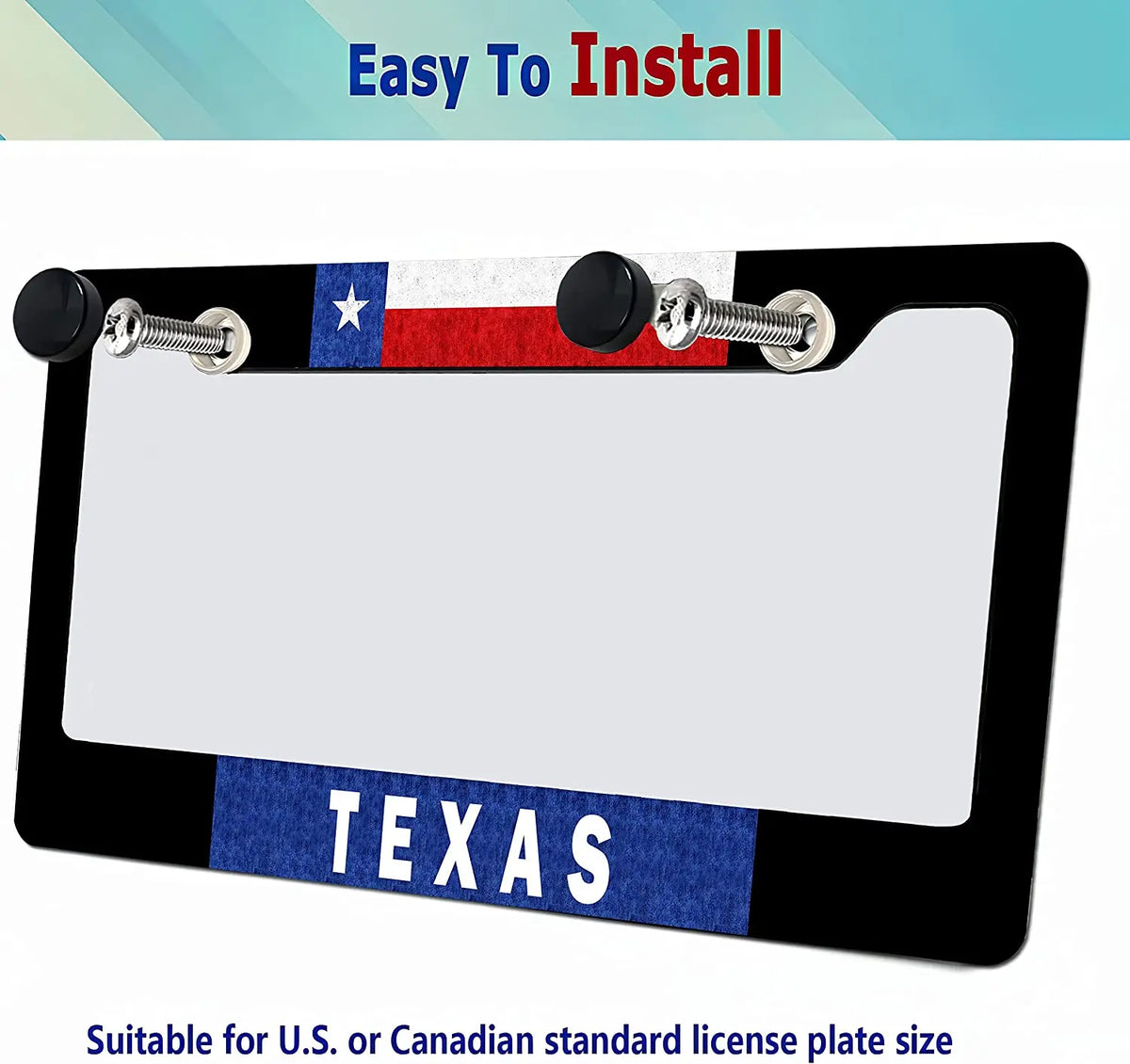 Black license plate frame with a Texas design and mounting hardware for US or Canadian plates