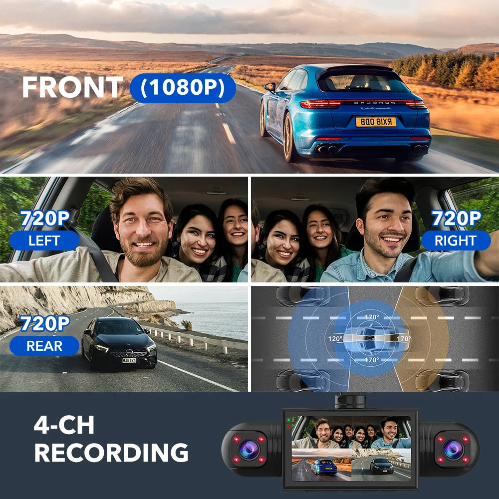 A montage showing various camera angles of a car dash camera recording front, left, rear, and right views.
