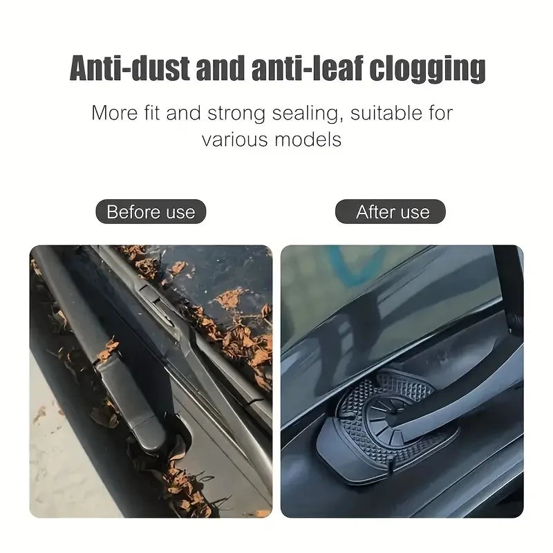Before and after images showing anti-dust and anti-leaf clogging sealing for a car wiper arm hole