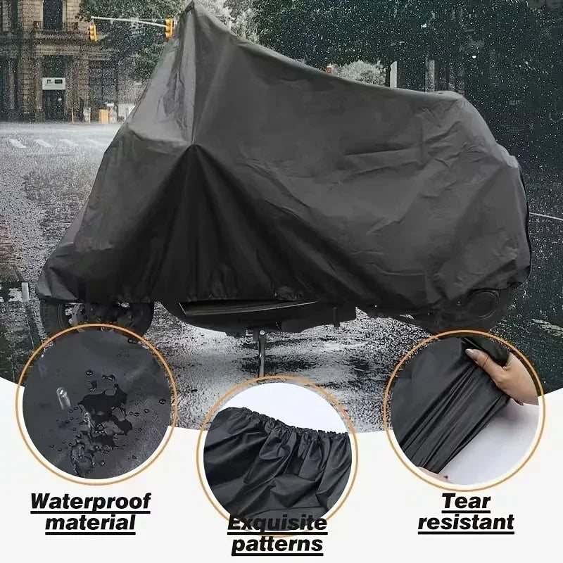 Black heavy-duty motorcycle cover showing waterproof material and tear resistant features