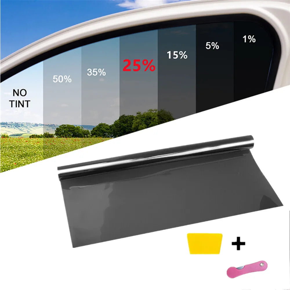 A roll of dark gray window tint film with a yellow square and a pink tool shown next to a car window.