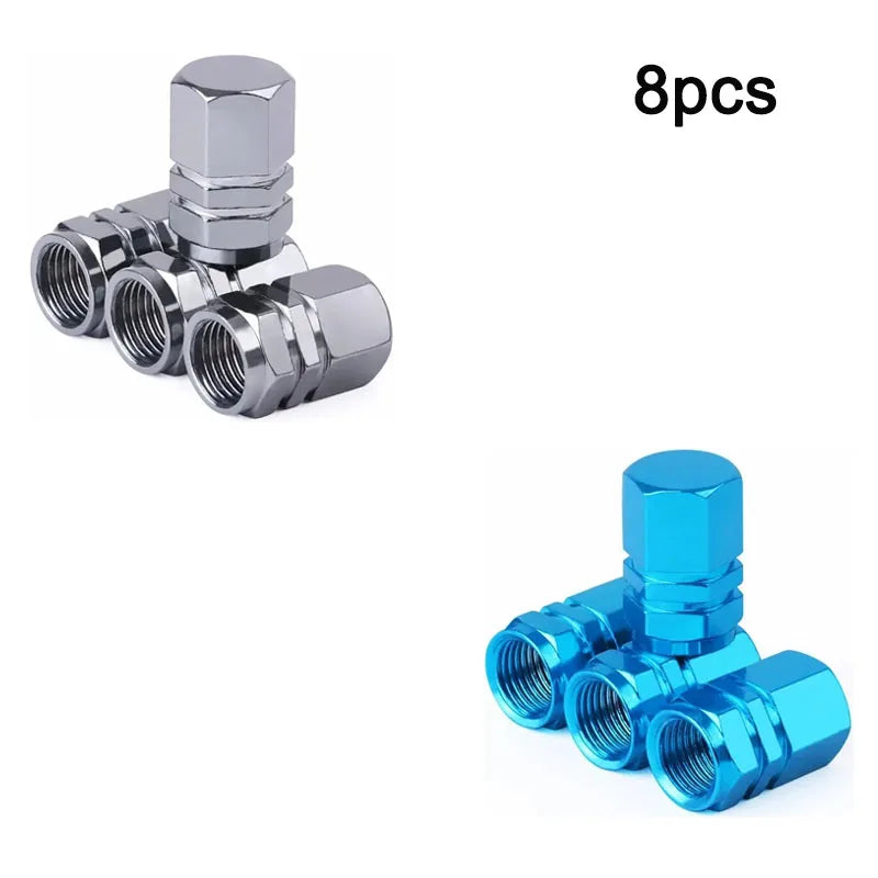Eight durable aluminum valve caps for wheels and tires shown in various finishes.