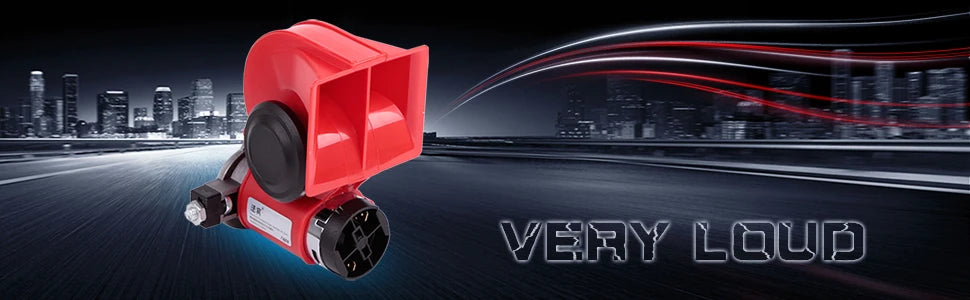 A red dual tone car horn is shown in a dynamic shot against a blurred city skyline with a 'VERY LOUD' text overlay.