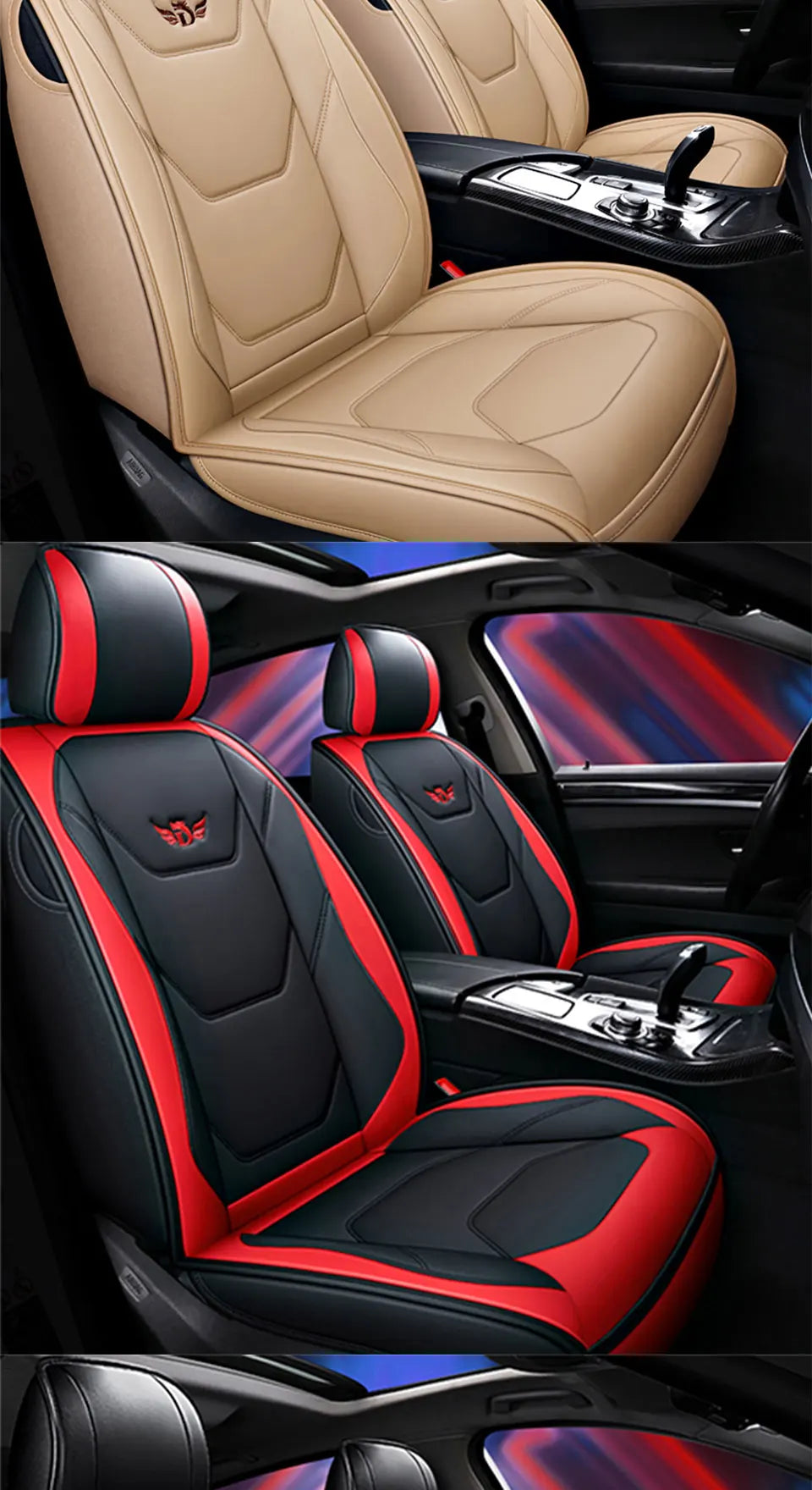 Close-up view of a black and red car seat cover for Hyundai or Kia models.