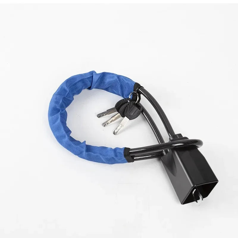 Blue strap universal steering wheel and seatbelt lock device with black connector