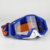 Blue and white off-road motorcycle riding goggles with orange accents shown on a white background.