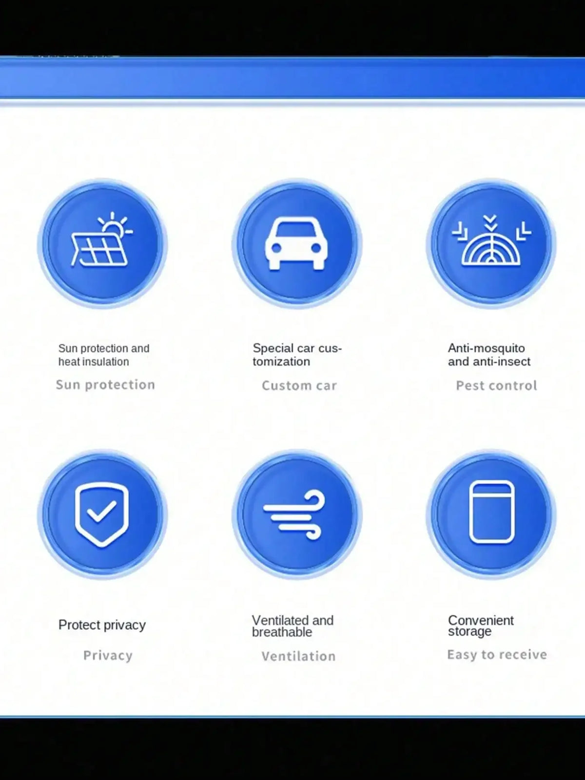 Icons representing features of a car window shade including sun protection, customization, pest control, privacy, ventilation