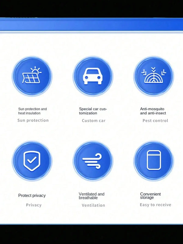 Icons representing features of a car window shade including sun protection, customization, pest control, privacy, ventilation