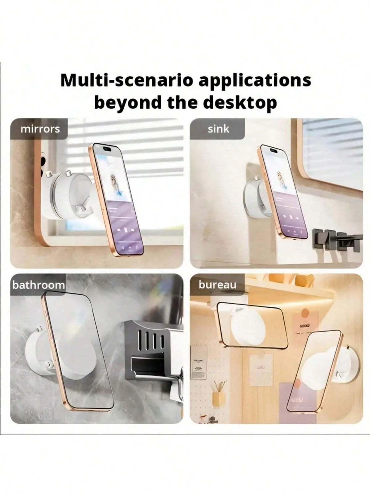 Support de téléphone magnétique pliable pour divers usages : miroirs, évier, salle de bain et bureau.