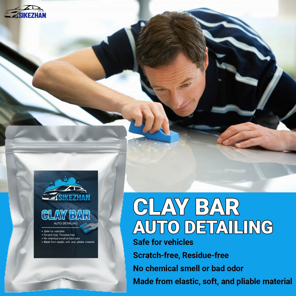 A man is using a blue clay bar on a car surface for auto detailing.