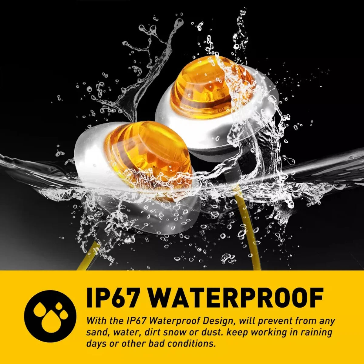 Close-up of an IP67 waterproof LED amber side marker light being tested by splashing water.