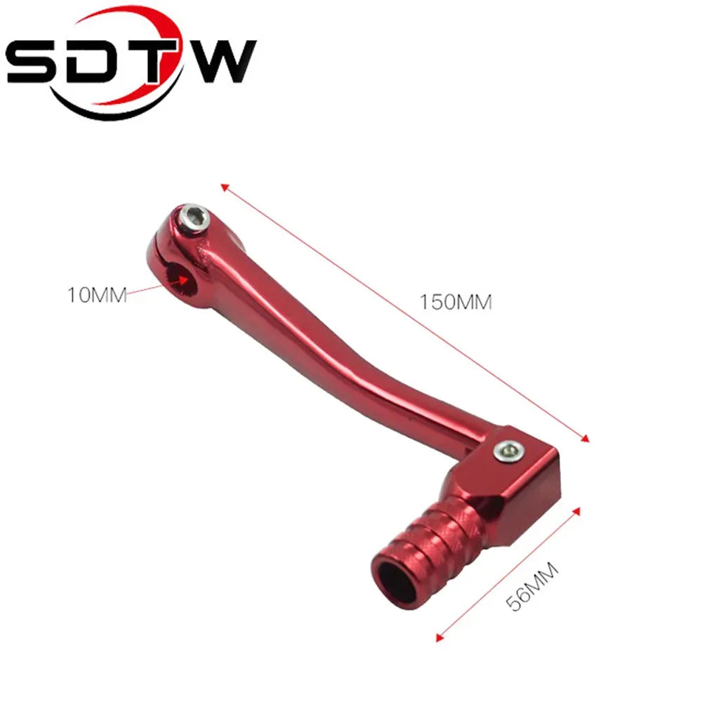 A close-up view of a red motorcycle gear shift lever with a 10mm mounting point and a 56mm end.