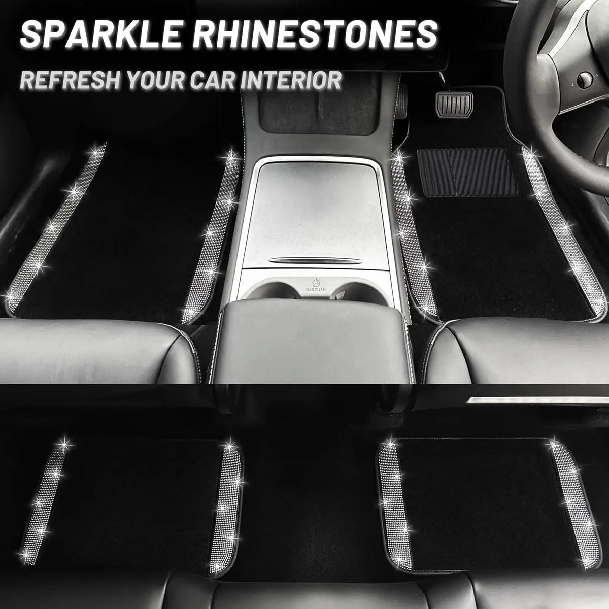 Close-up view of car interior floor mats with sparkle rhinestones used to refresh the car interior.