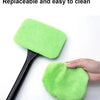 A bright lime green soft cloth cover for a long-handle car window cleaning brush.
