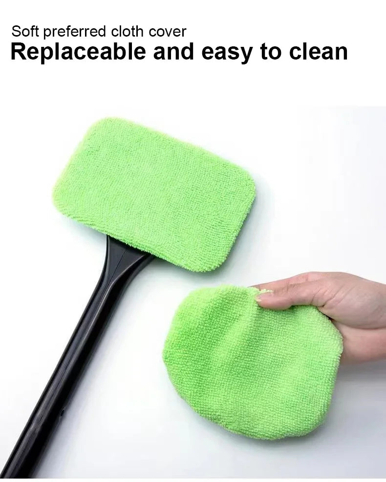A bright lime green soft cloth cover for a long-handle car window cleaning brush.