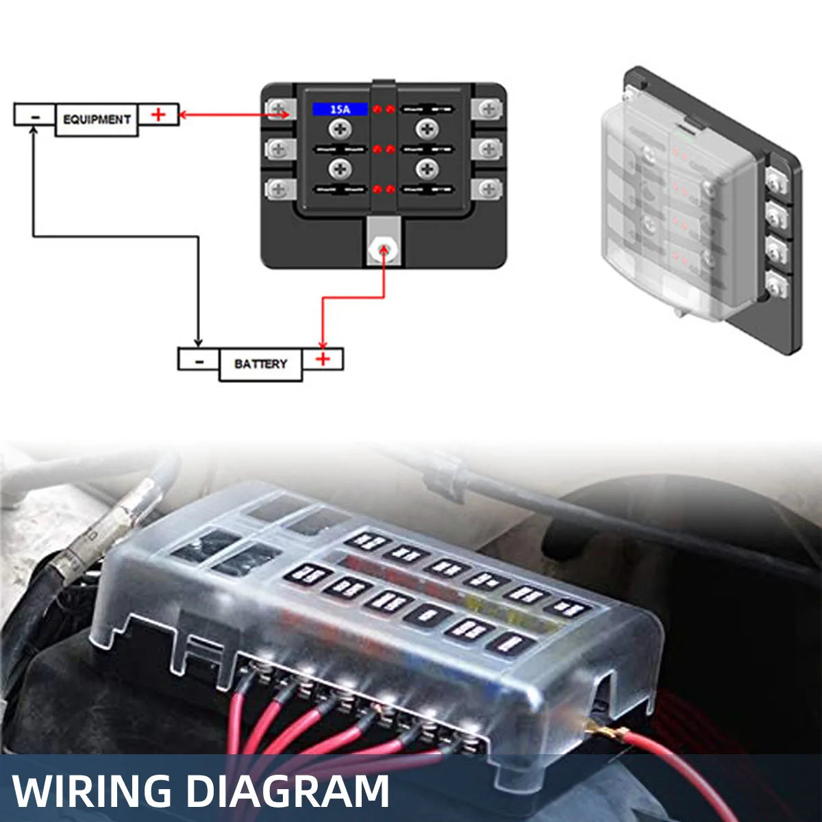 Wiring diagram showing a multi-way blade fuse box for automotive and marine systems.