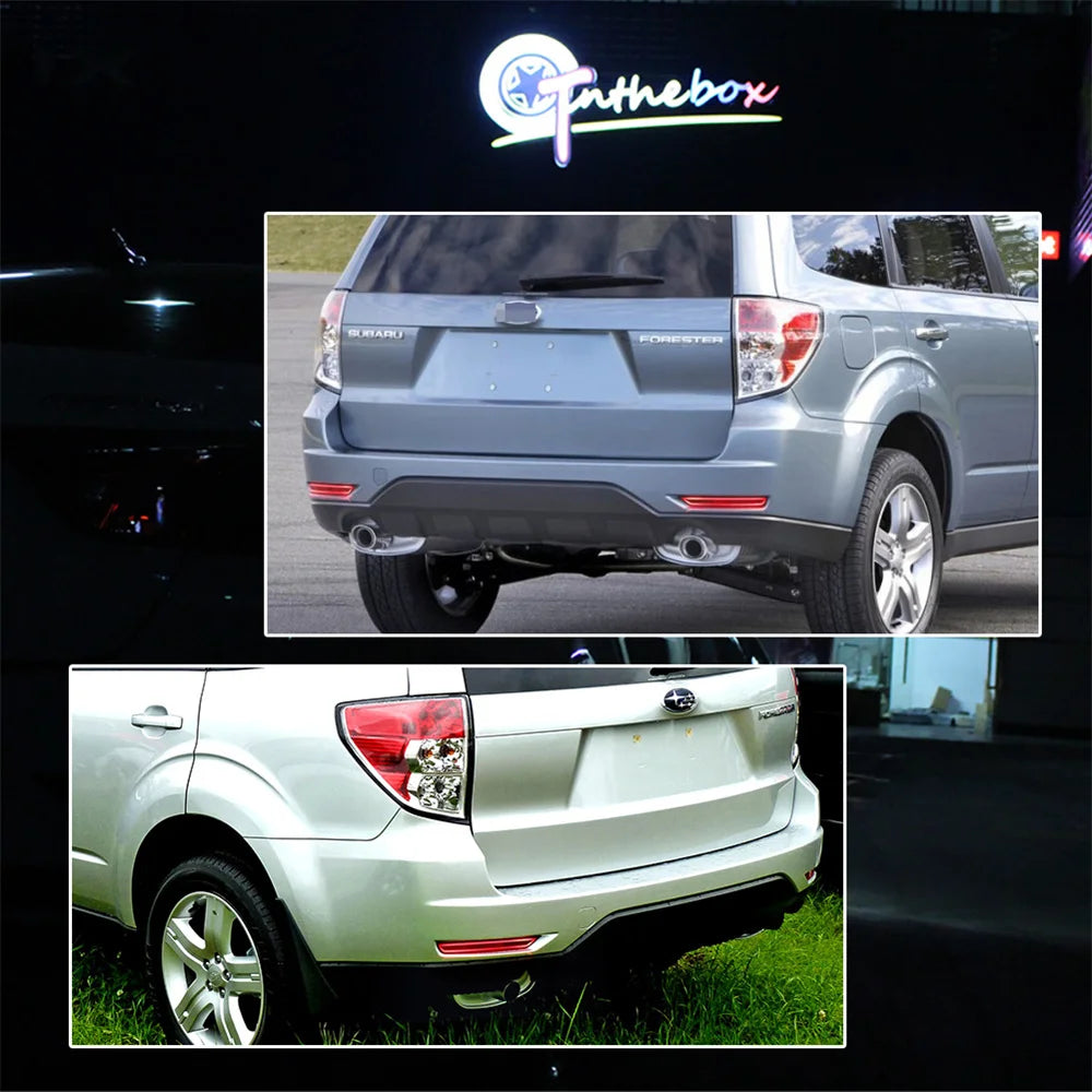 A silver Subaru Forester with LED rear bumper reflector lights installed.