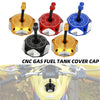 CNC machined fuel tank cover caps in gold, red, and blue colors shown with a motorcycle engine context.
