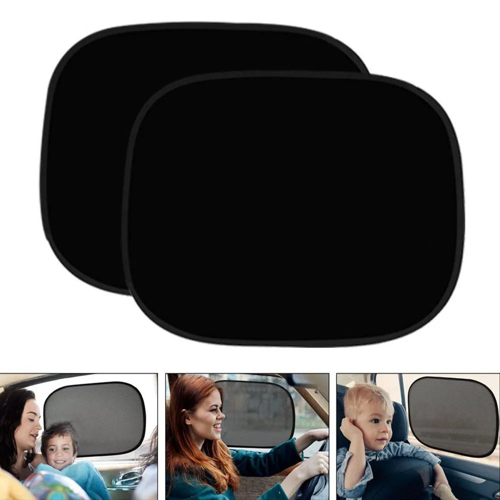 Black dual car sun shades shown in various angles and contexts.