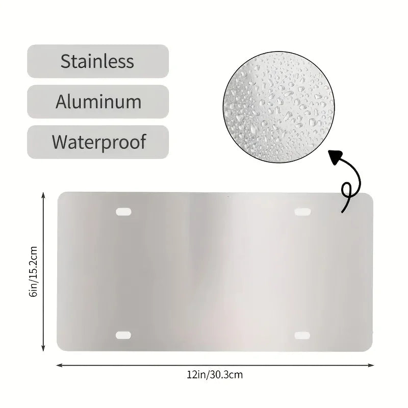 A rectangular aluminum license plate sign with mounting holes, shown next to material options like stainless and waterproof.