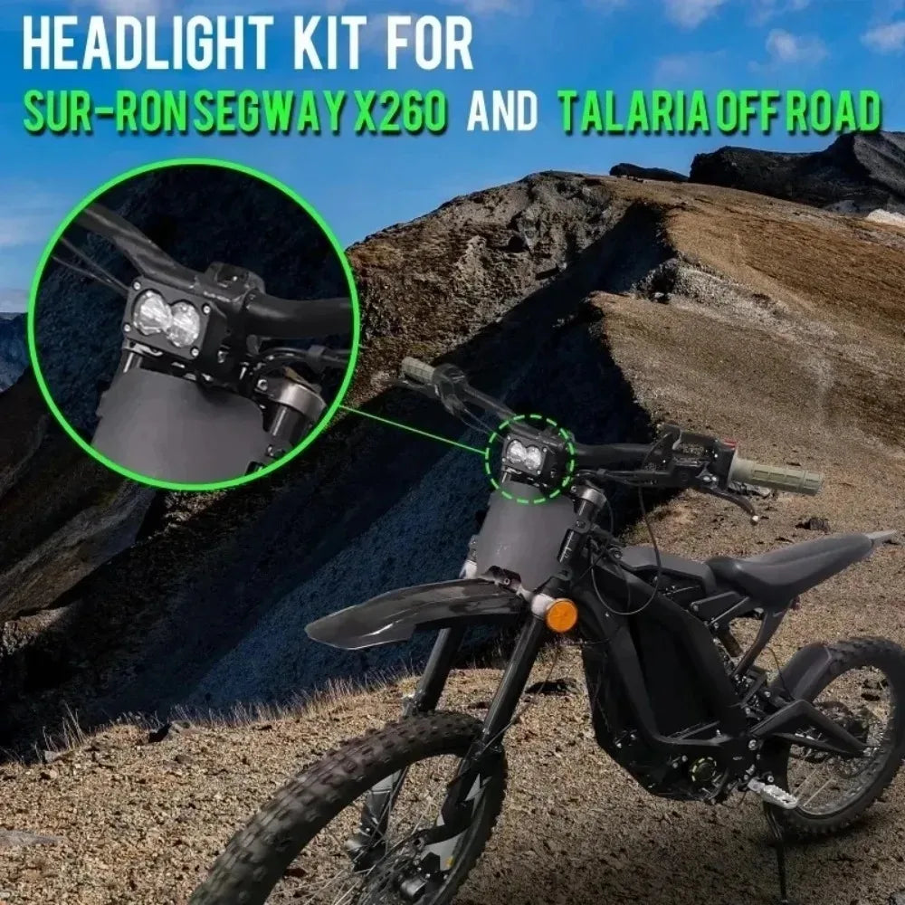 LED headlight kit for Sur-Ron Segway X260 and Talaria offroad motorcycles.