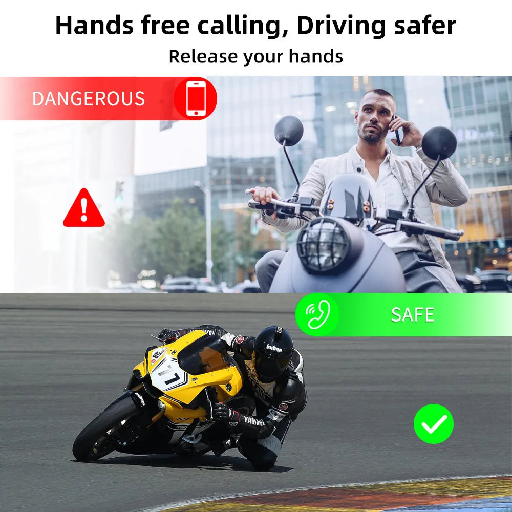 A motorcycle rider wearing a helmet and headset is shown in a safe riding context.