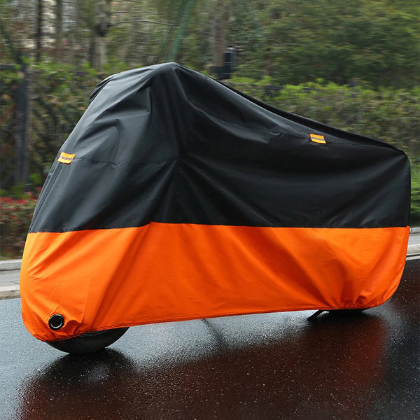 Orange and black waterproof protection cover for a motorcycle or scooter