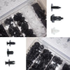 Colección de clips de sujeción para automóviles en blanco y negro para carrocería y parachoques, mostrados en un contenedor d