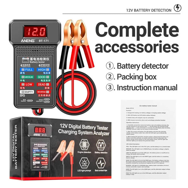 A set of 12V digital battery testers, including a battery tester and a charging system analyzer.