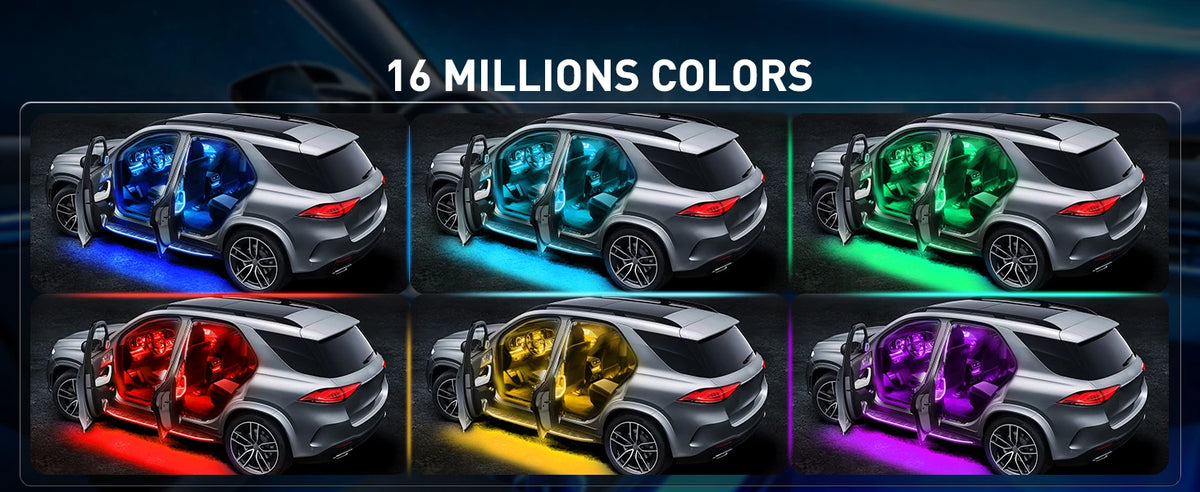 Exposition d'une voiture argentée avec diverses lumières LED multicolores illuminant son extérieur.
