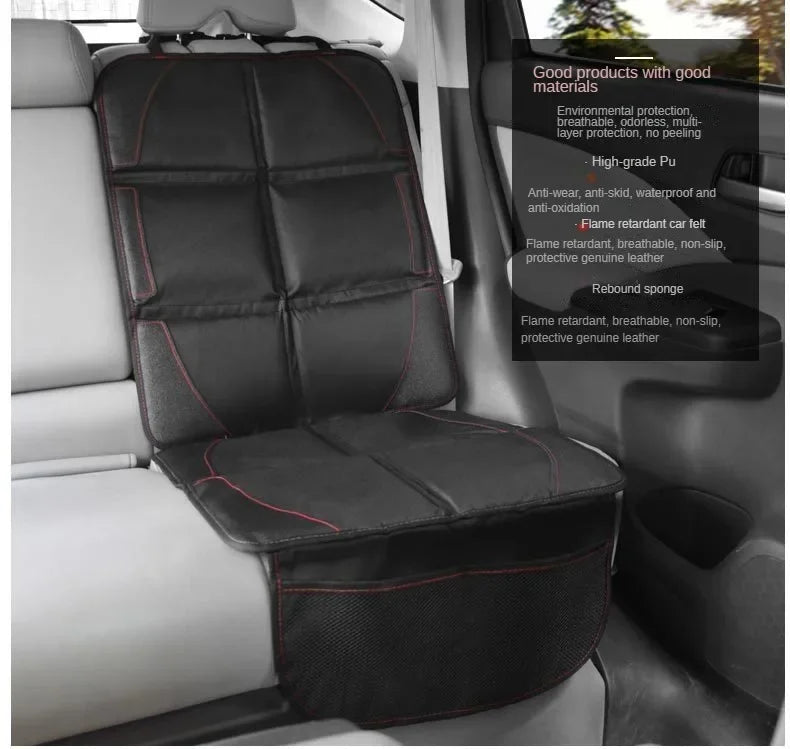 Black and gray universal car seat protector for kids with breathable leather and anti-wear features.