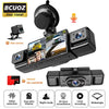 A black dashcam featuring a rear camera and multiple lenses for 360-degree recording with features like night mode and loop r