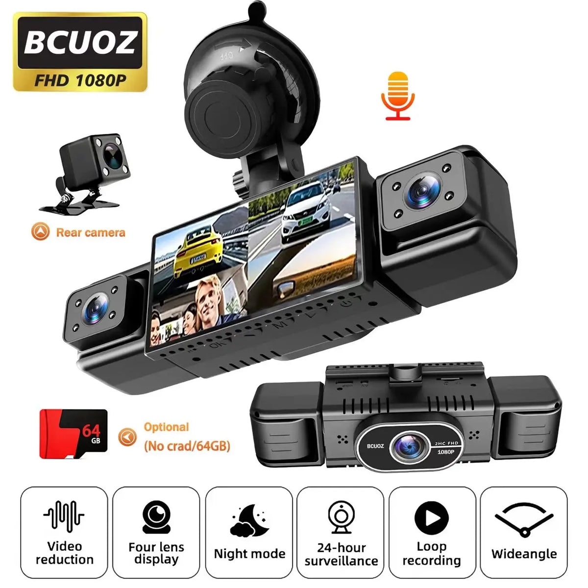 A black dashcam featuring a rear camera and multiple lenses for 360-degree recording with features like night mode and loop r