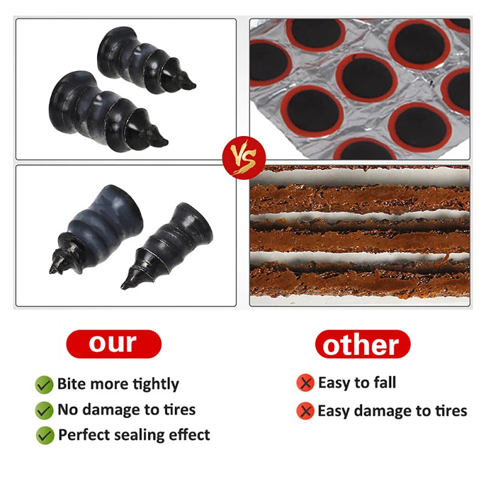A set of black tire repair nails and a screwdriver shown alongside a foil sealing product for tubeless tires.