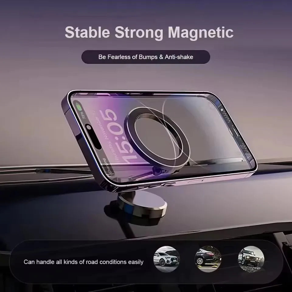 A foldable magnetic car mount is shown resting on a dark surface, demonstrating its stable and strong magnetic features.