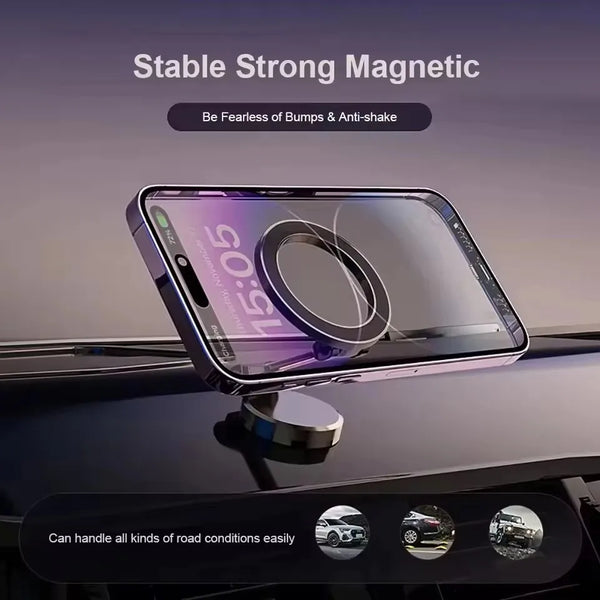 A foldable magnetic car mount is shown resting on a dark surface, demonstrating its stable and strong magnetic features.