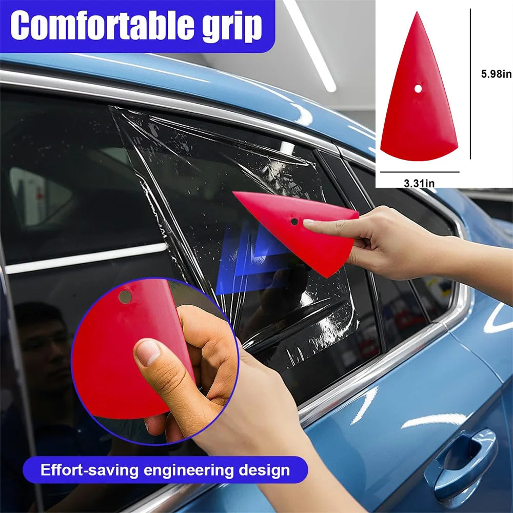 A hand is applying a red film installation tool to the window of a blue car, demonstrating an effort-saving engineering desig