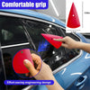 A hand is applying a red film installation tool to the window of a blue car, demonstrating an effort-saving engineering desig