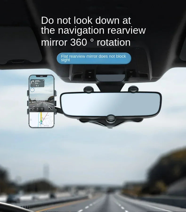 A rearview mirror showing a phone mounted on a car dashboard, with text advising not to look down at the navigation review mi